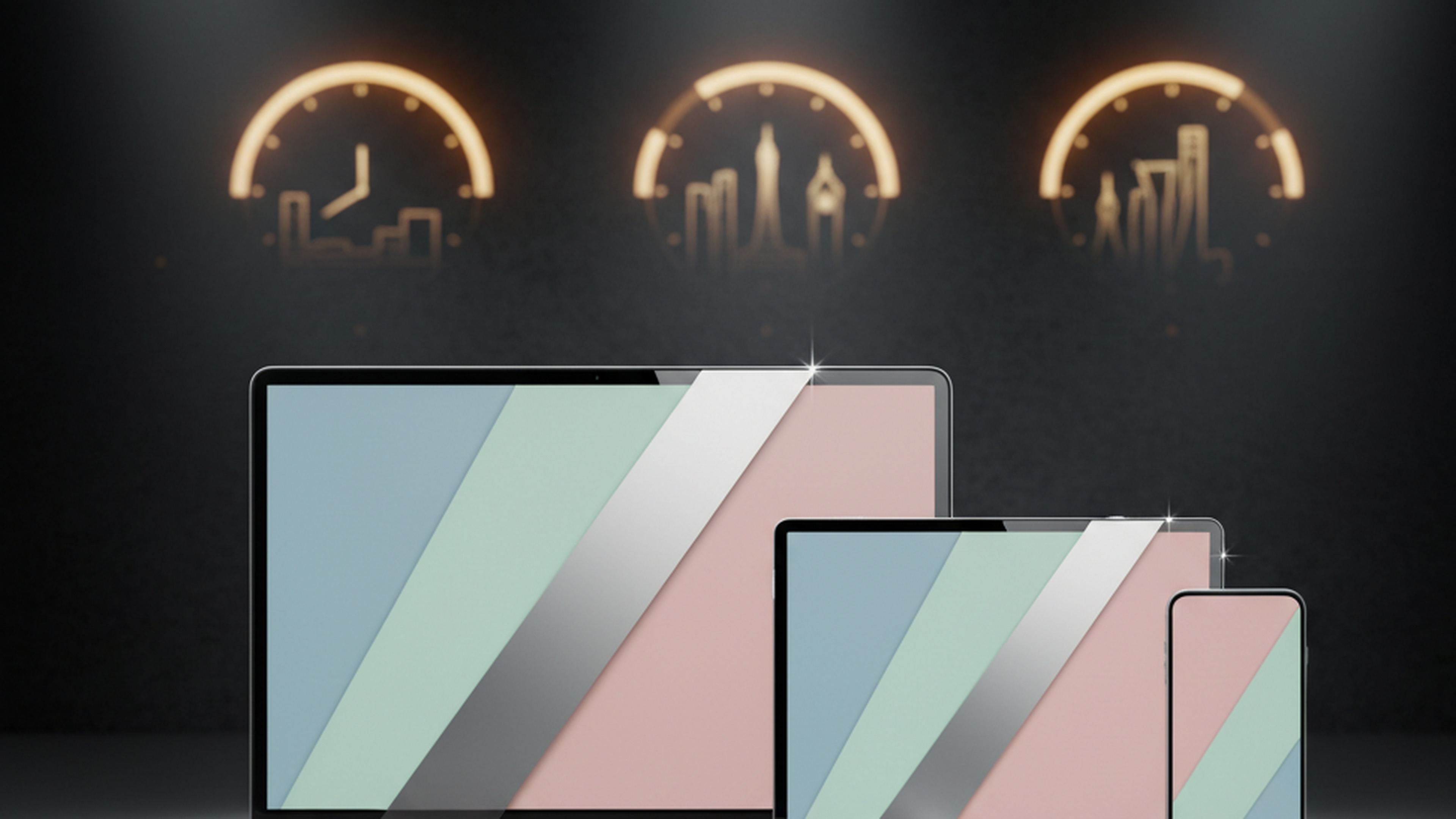 2026 年 3 月 Apple 特別體驗活動主題示意：MacBook、iPad、iPhone 輕薄裝置與多色外觀構圖，乾淨背景，無任何文字卡。
