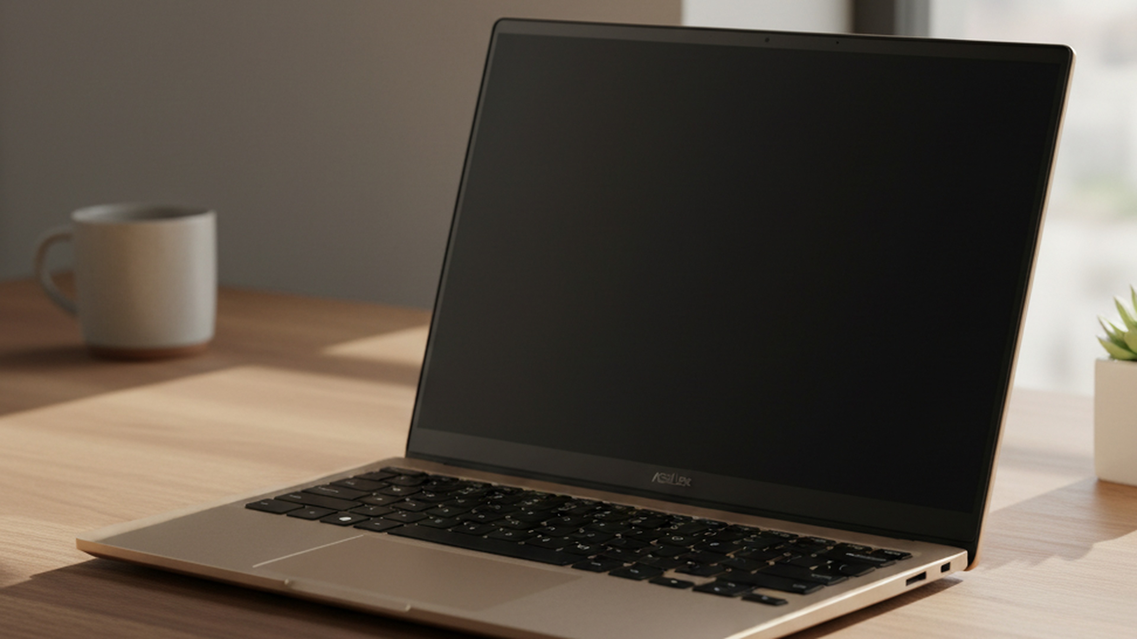 ASUS Zenbook A16 產品形象圖,展示輕薄 16 吋 AI 筆電與高質感金屬機身設計