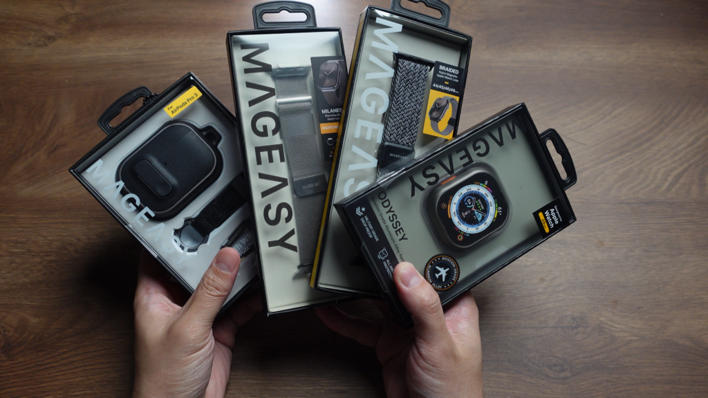 這次我一次把四款 MAGEASY 的 Apple 周邊配件一起開箱,包含 Apple Watch Ultra 的 ODYSSEY 航太鋁合金保護殼、兩款不同風格的磁扣錶帶,以及一款主打抗衝擊的耳機殼。這幾樣配件看起來都不是單純只做外型,而是在質感、保護性與使用便利性之間找平衡。實際拿上手之後,有幾個地方比我原本預期更有意思。