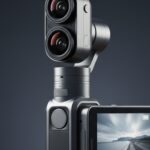 DJI Pocket 4 Pro 概念產品圖，呈現雙鏡頭口袋雲台相機與乾淨產品形象