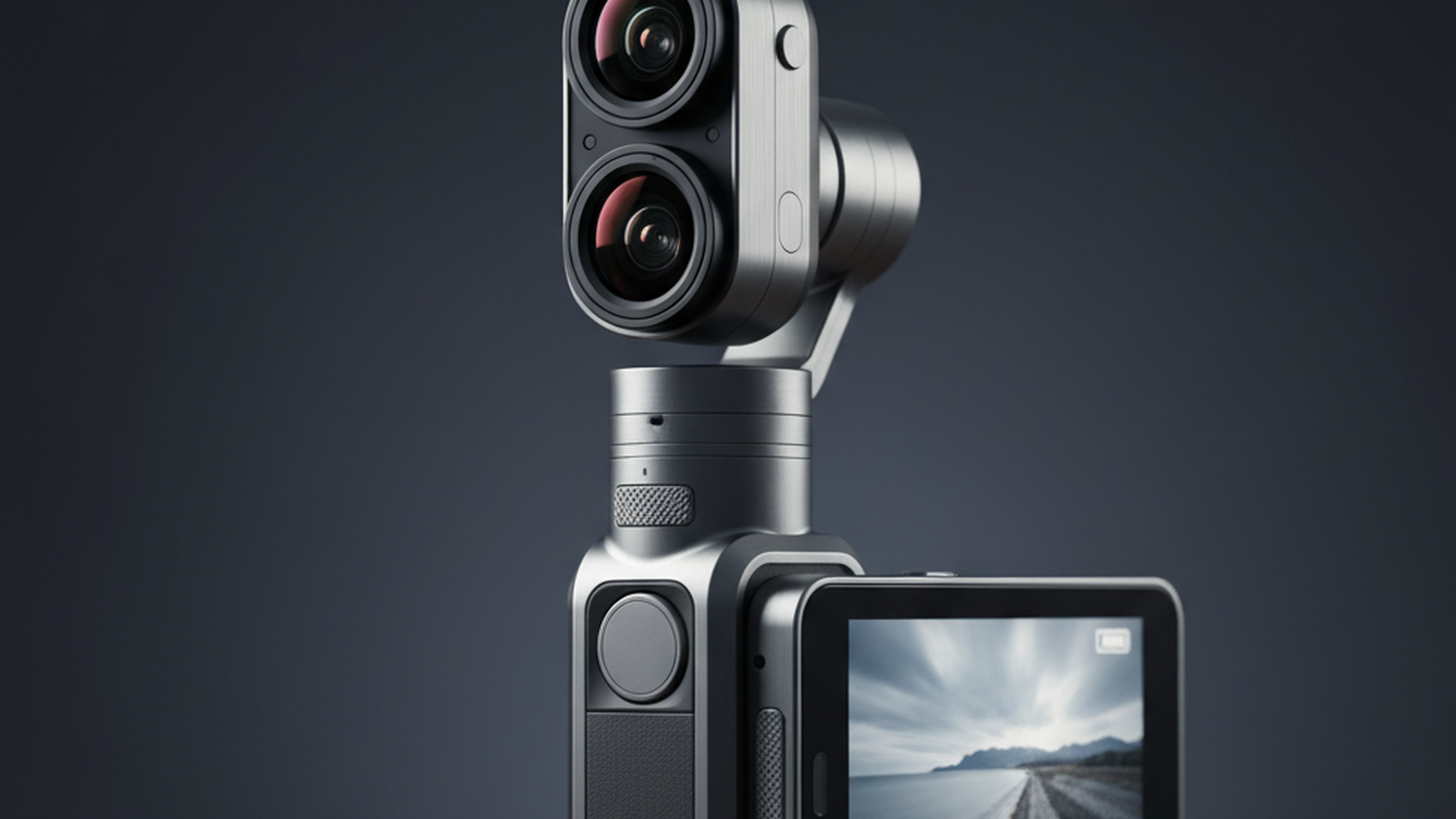 DJI Pocket 4 Pro 概念產品圖，呈現雙鏡頭口袋雲台相機與乾淨產品形象