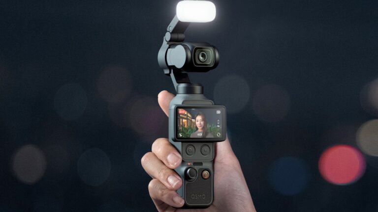 DJI Pocket 4 官方產品圖，呈現機身設計與隨身雲台相機定位