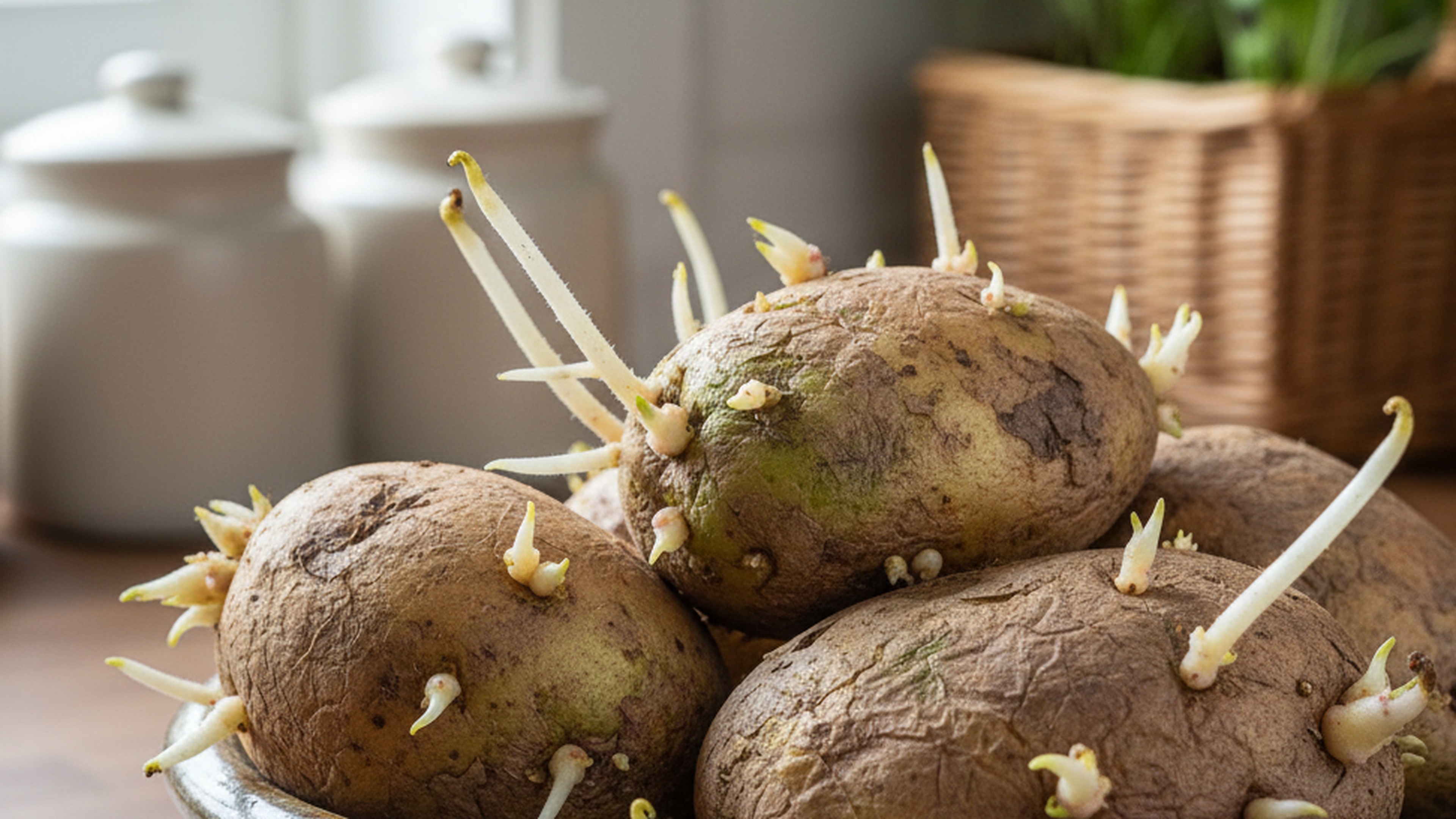 幾顆發芽且局部變綠的馬鈴薯放在木質廚房檯面上的近拍