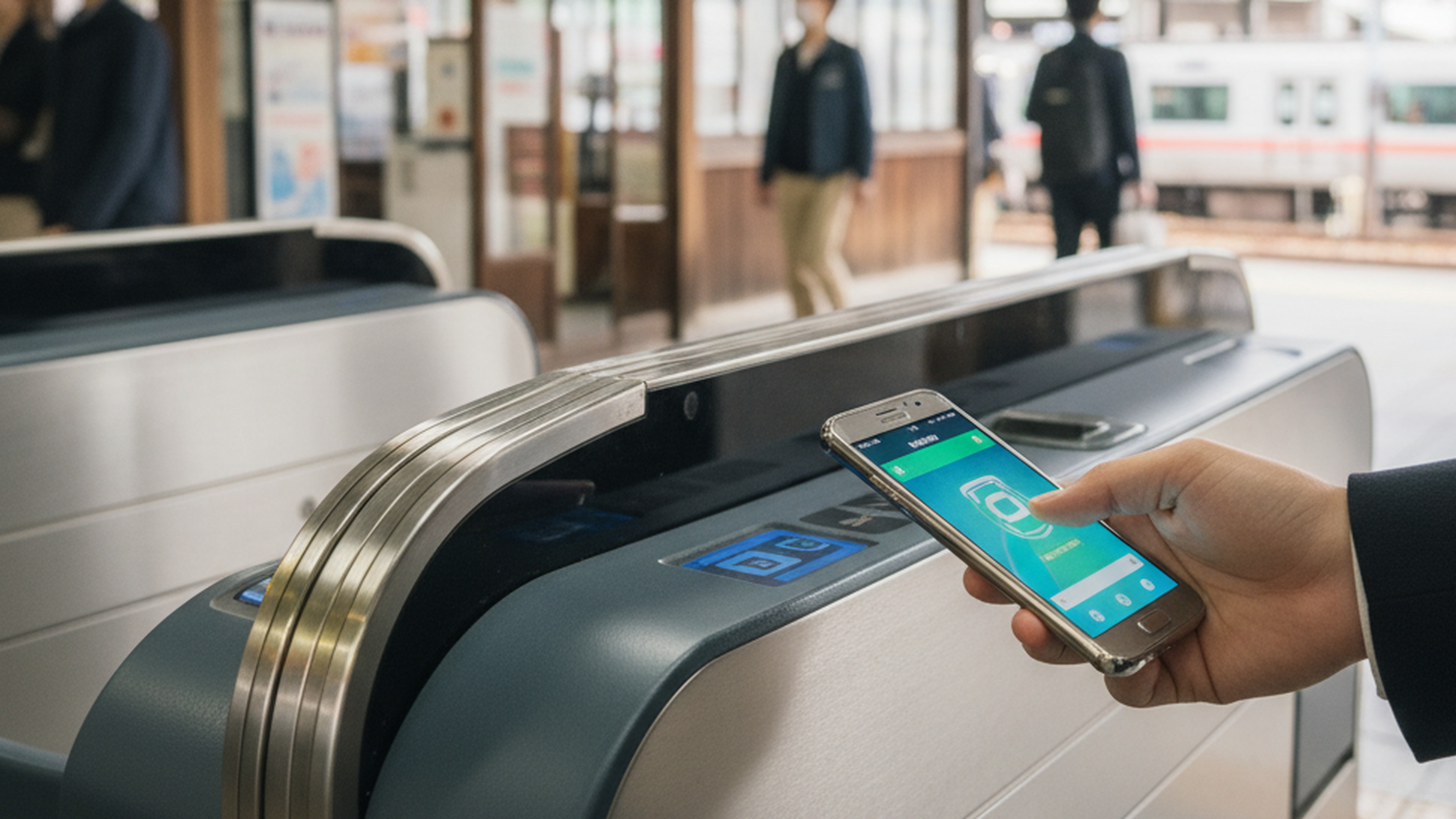 一支 Samsung Galaxy 手機在日本車站閘門前顯示行動票卡介面概念圖