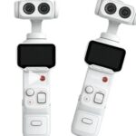 一台未發表口袋雲台相機以半透明展示方式呈現，強調雙鏡頭與模組化設計的概念圖