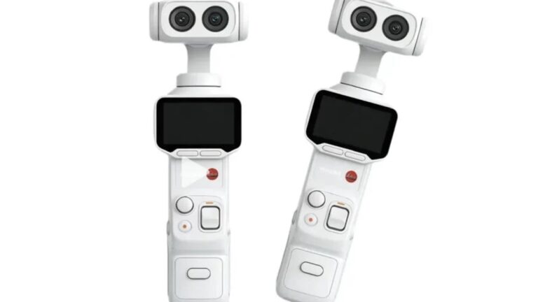 一台未發表口袋雲台相機以半透明展示方式呈現，強調雙鏡頭與模組化設計的概念圖