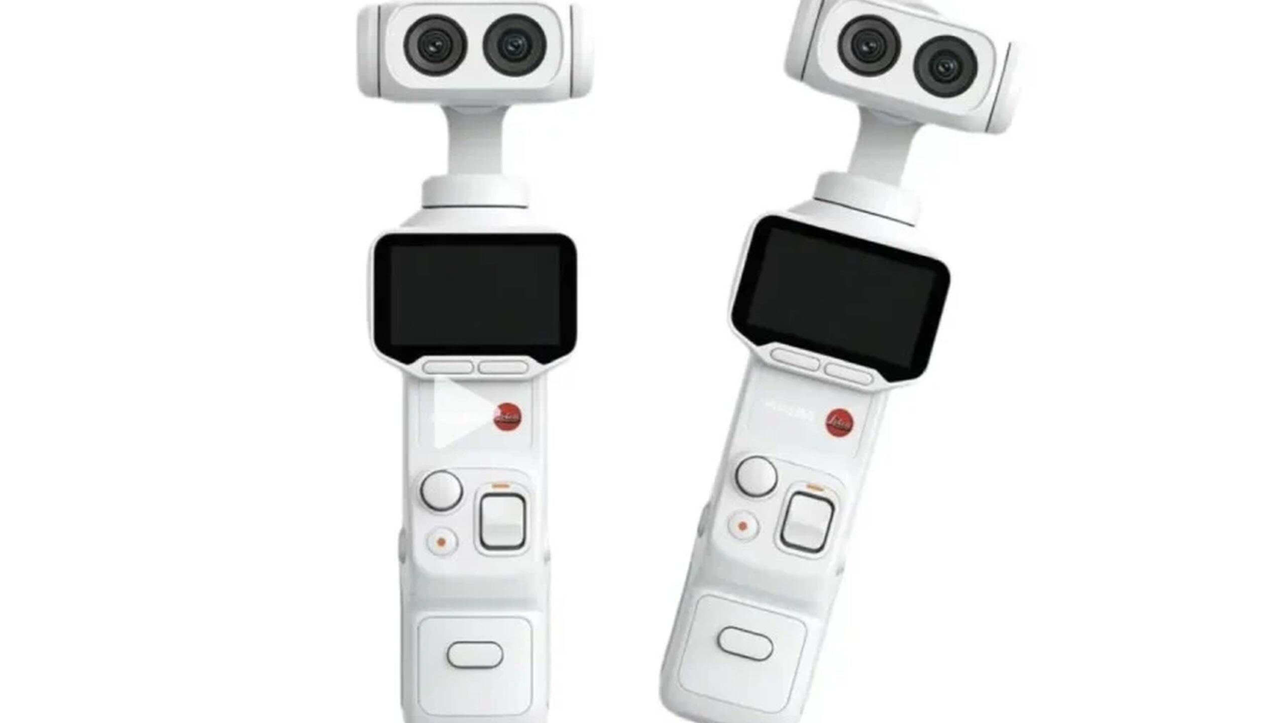 一台未發表口袋雲台相機以半透明展示方式呈現，強調雙鏡頭與模組化設計的概念圖