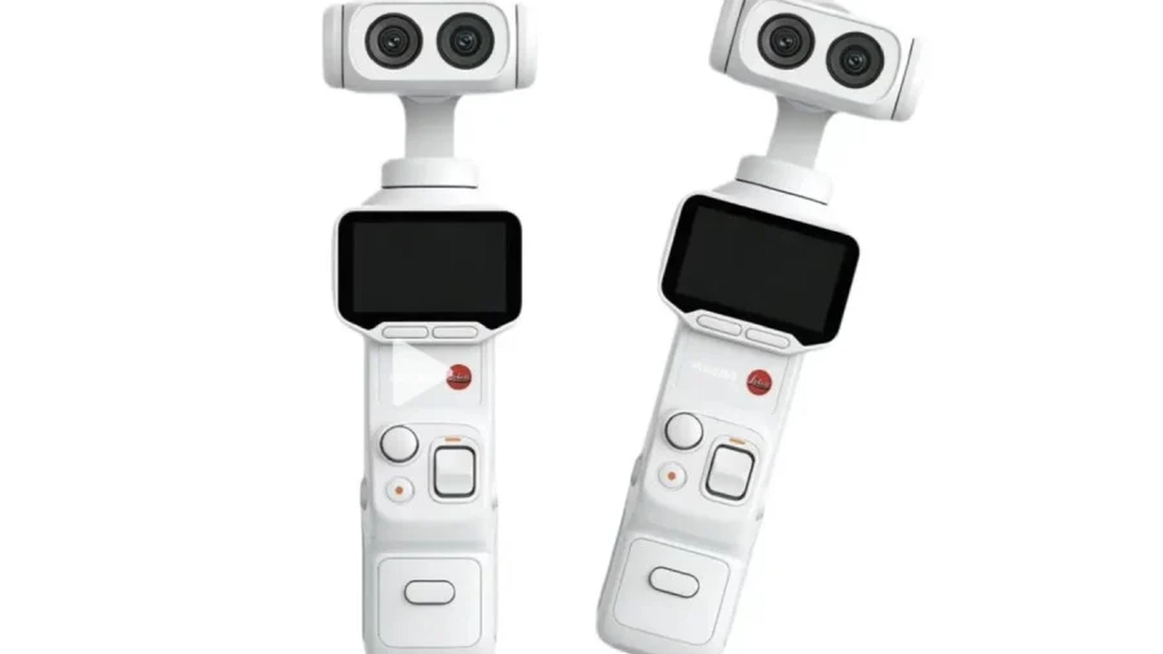 一台未發表口袋雲台相機以半透明展示方式呈現，強調雙鏡頭與模組化設計的概念圖