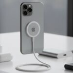 一支 iPhone 背面吸附 MagSafe 充電器的科技產品特寫