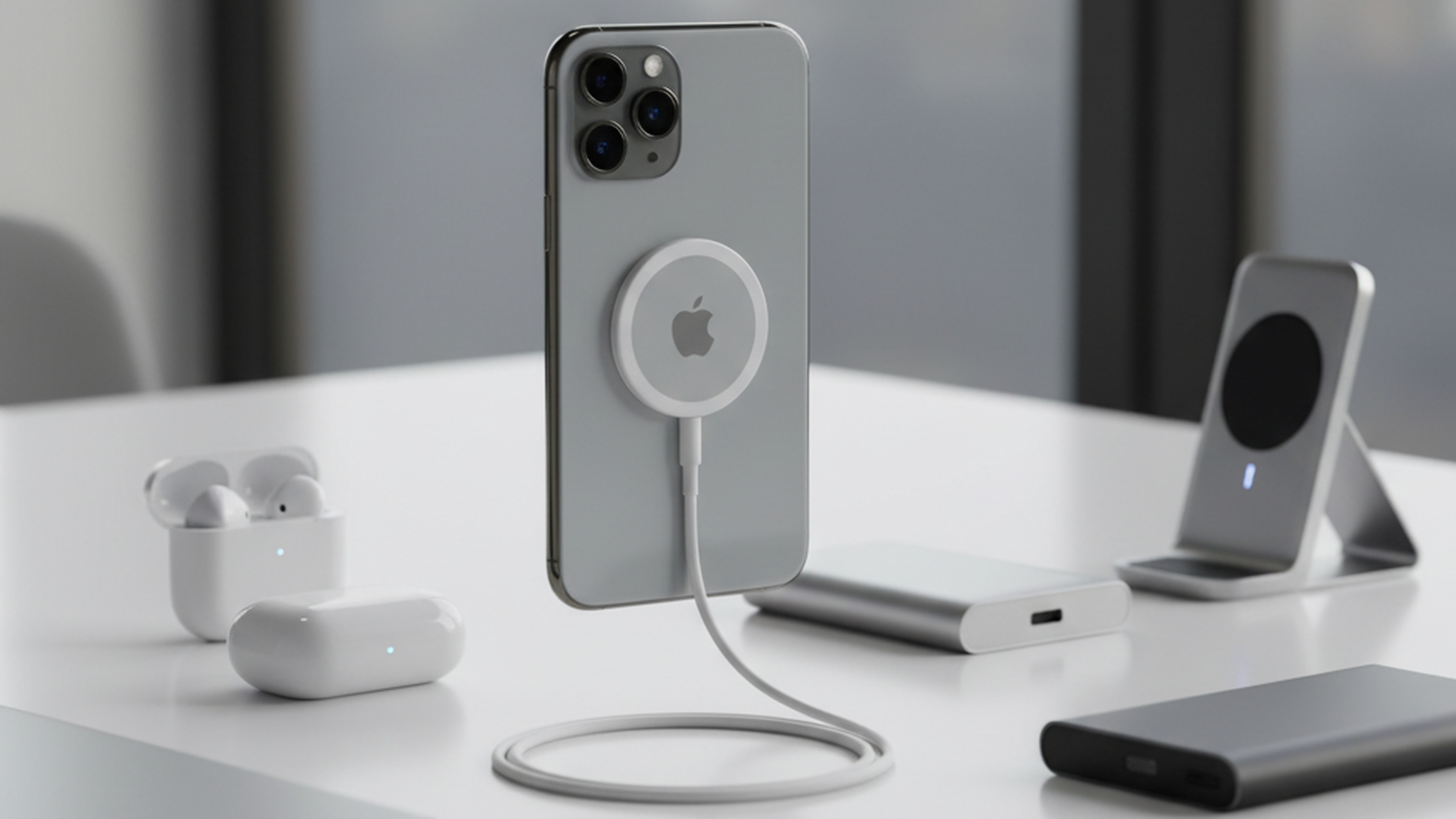 一支 iPhone 背面吸附 MagSafe 充電器的科技產品特寫