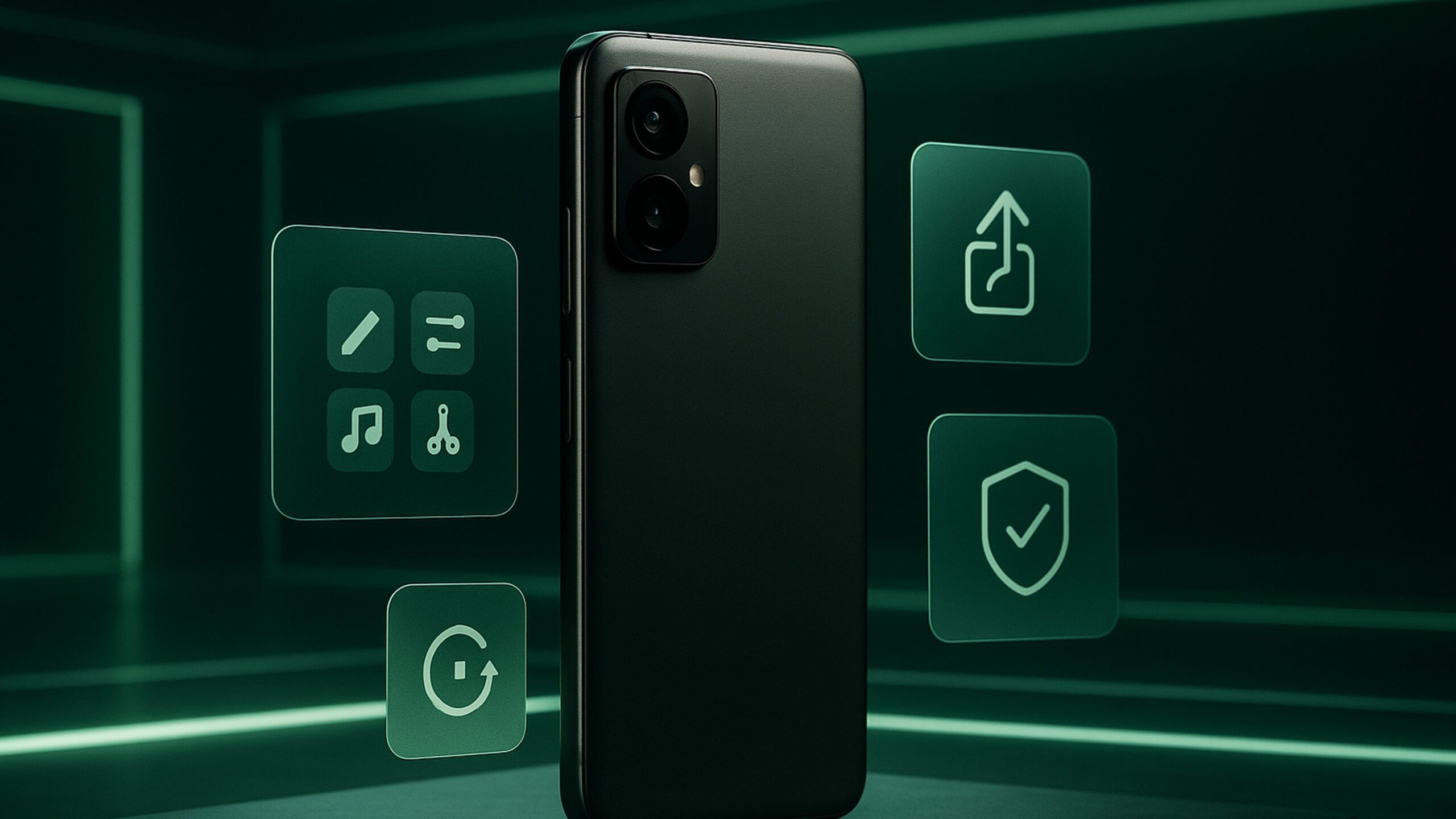 Android 手機與綠色科技舞台風格的抽象畫面，象徵 Google I/O 與 Android 17 更新