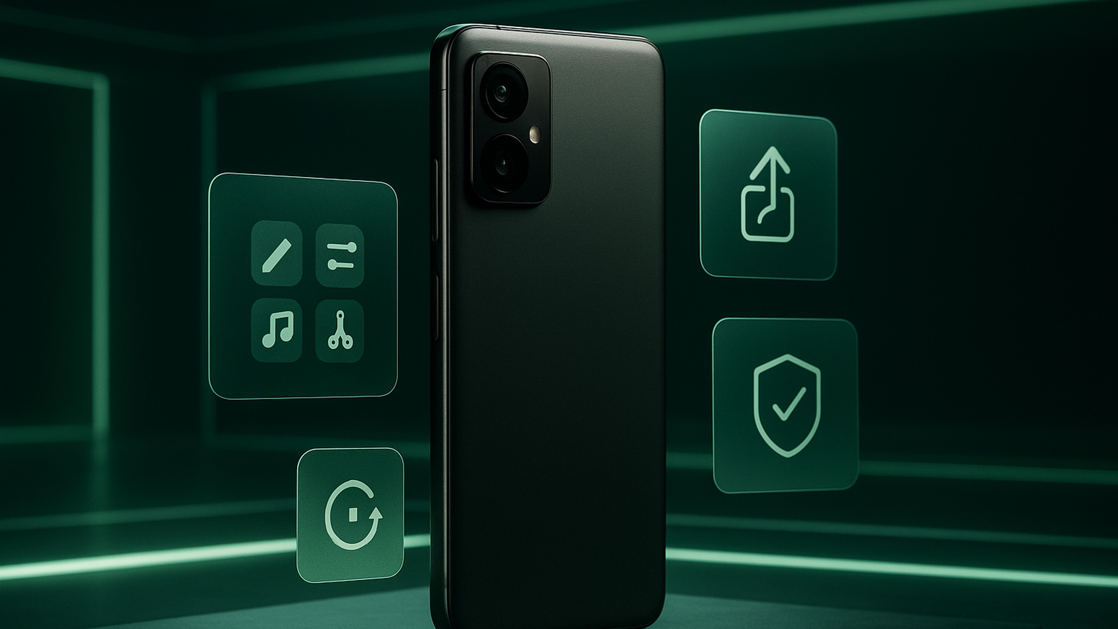 Android 手機與綠色科技舞台風格的抽象畫面，象徵 Google I/O 與 Android 17 更新