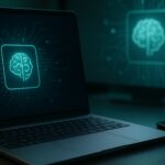 現代筆電、手機與 AI 介面並列的科技場景，象徵 Google 與 Apple、Microsoft 的平台競爭