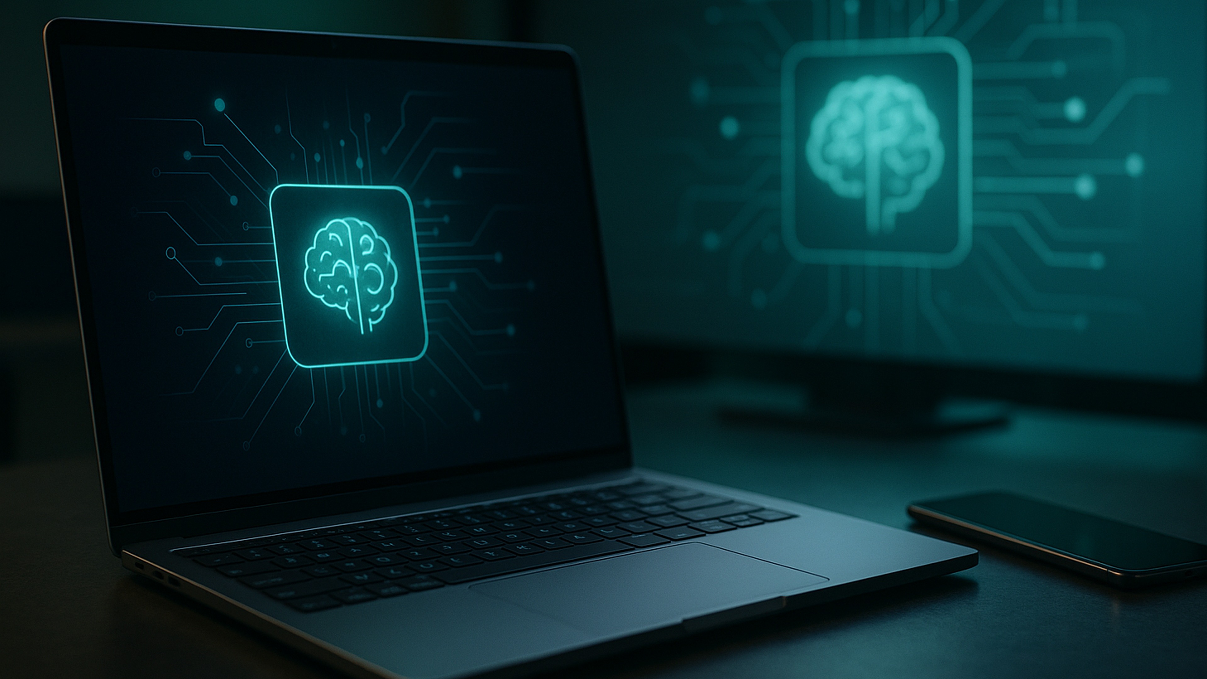 現代筆電、手機與 AI 介面並列的科技場景，象徵 Google 與 Apple、Microsoft 的平台競爭