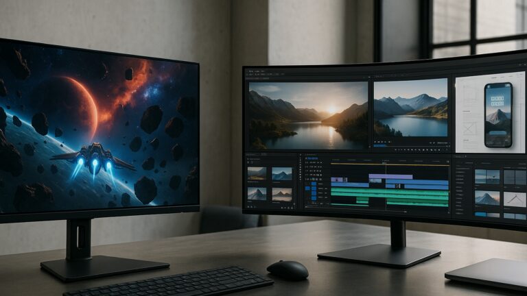 左側為高階電競風格的 Odyssey 顯示器，右側為專業創作取向的 ViewFinity 超寬螢幕情境圖