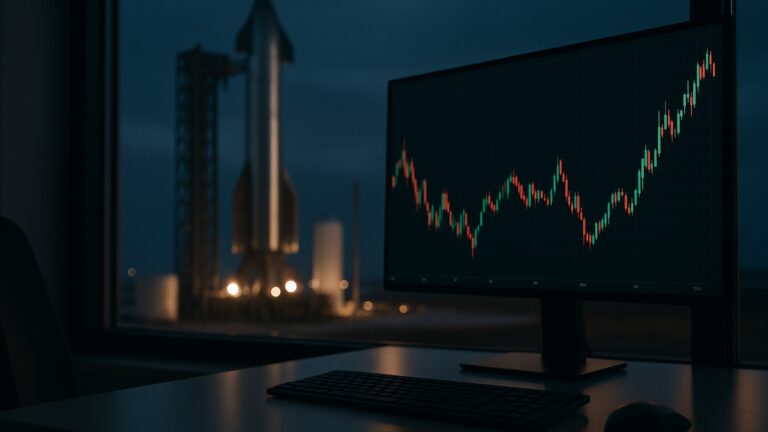 SpaceX IPO 與美股上市計畫的超寫實示意圖,呈現火箭發射場與金融市場螢幕的概念畫面