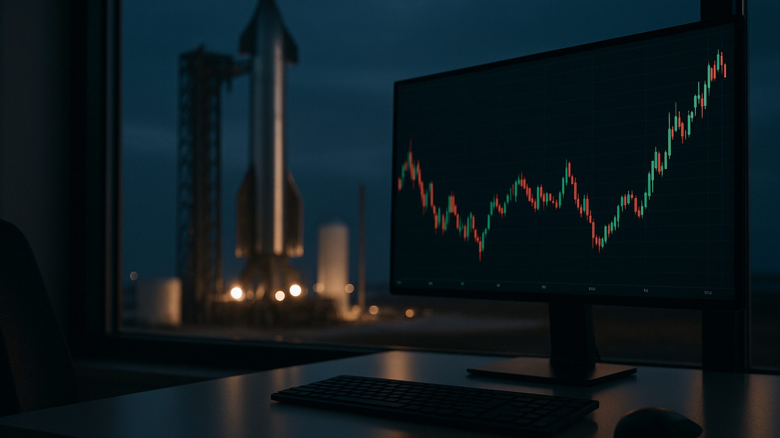 SpaceX IPO 與美股上市計畫的超寫實示意圖，呈現火箭發射場與金融市場螢幕的概念畫面