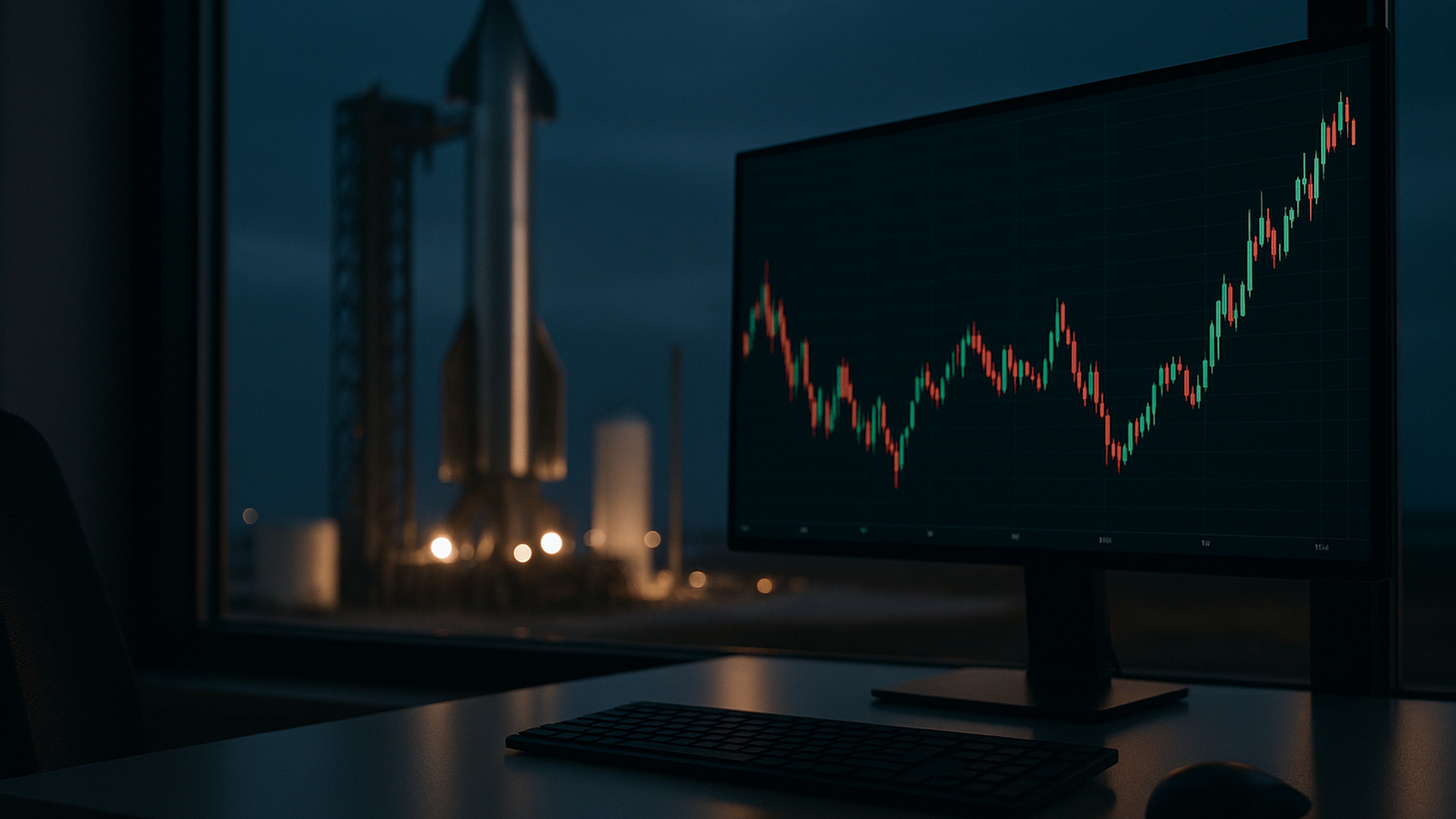 SpaceX IPO 與美股上市計畫的超寫實示意圖，呈現火箭發射場與金融市場螢幕的概念畫面