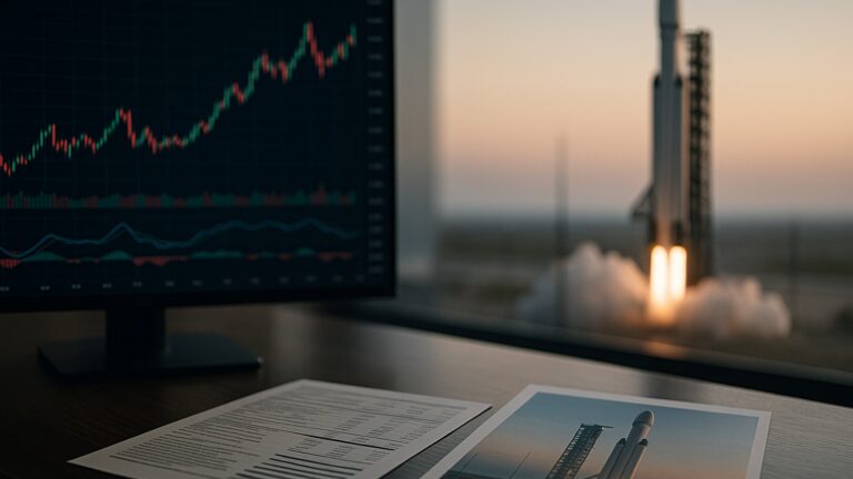 DXYZ 與 SpaceX 間接投資關係的超寫實示意圖,呈現火箭發射、基金持股與金融市場價格波動