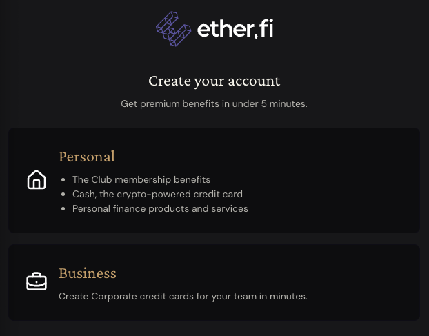 EtherFi 註冊流程中的 Personal 與 Business 帳戶類型選擇畫面