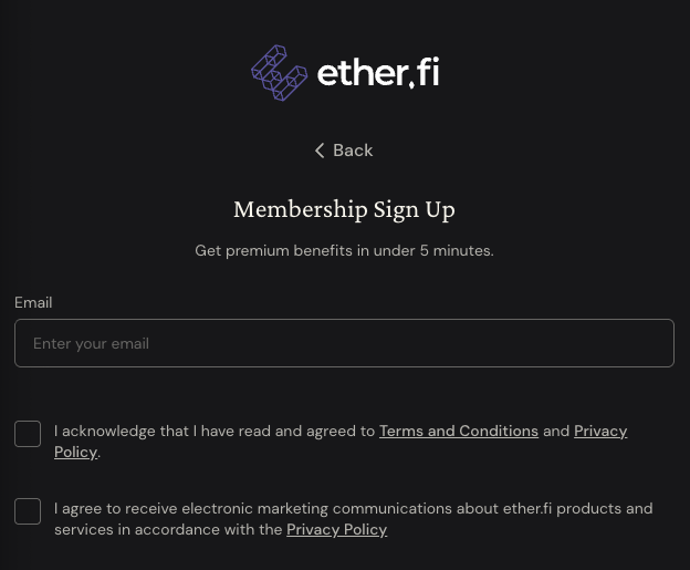 EtherFi 註冊流程中的電子郵件輸入畫面