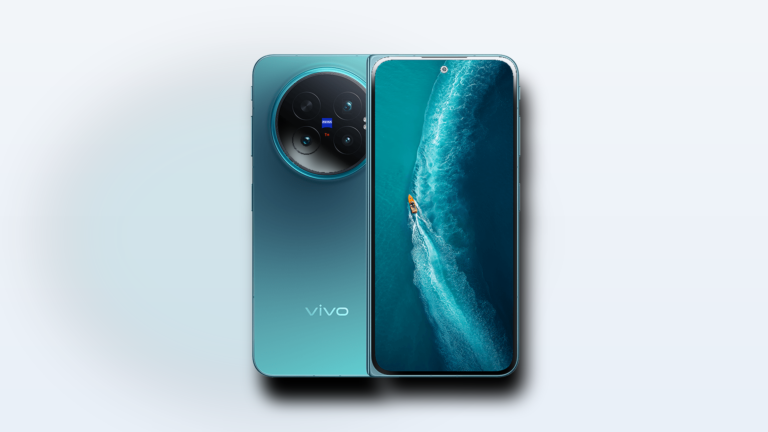 vivo X Fold6 藍色機身官方產品圖，展示大摺旗艦外觀、圓形相機模組與正面螢幕設計