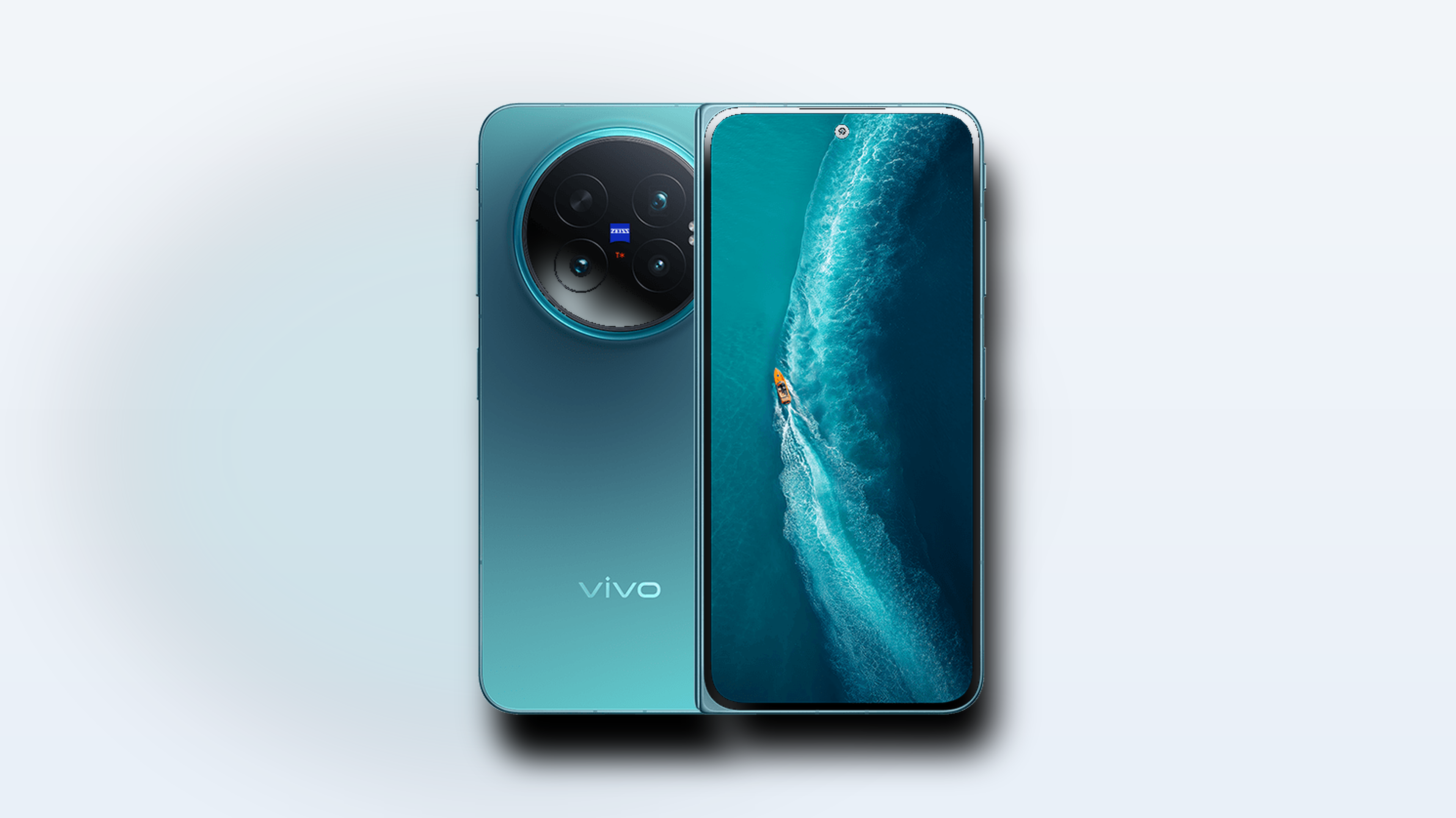 vivo X Fold6 藍色機身官方產品圖,展示大摺旗艦外觀、圓形相機模組與正面螢幕設計