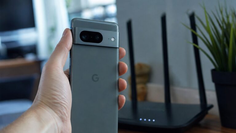 Pixel 手機與家用無線路由器的情境照，表現 Wi‑Fi 連線不穩的氛圍，畫面乾淨無任何文字或浮水印