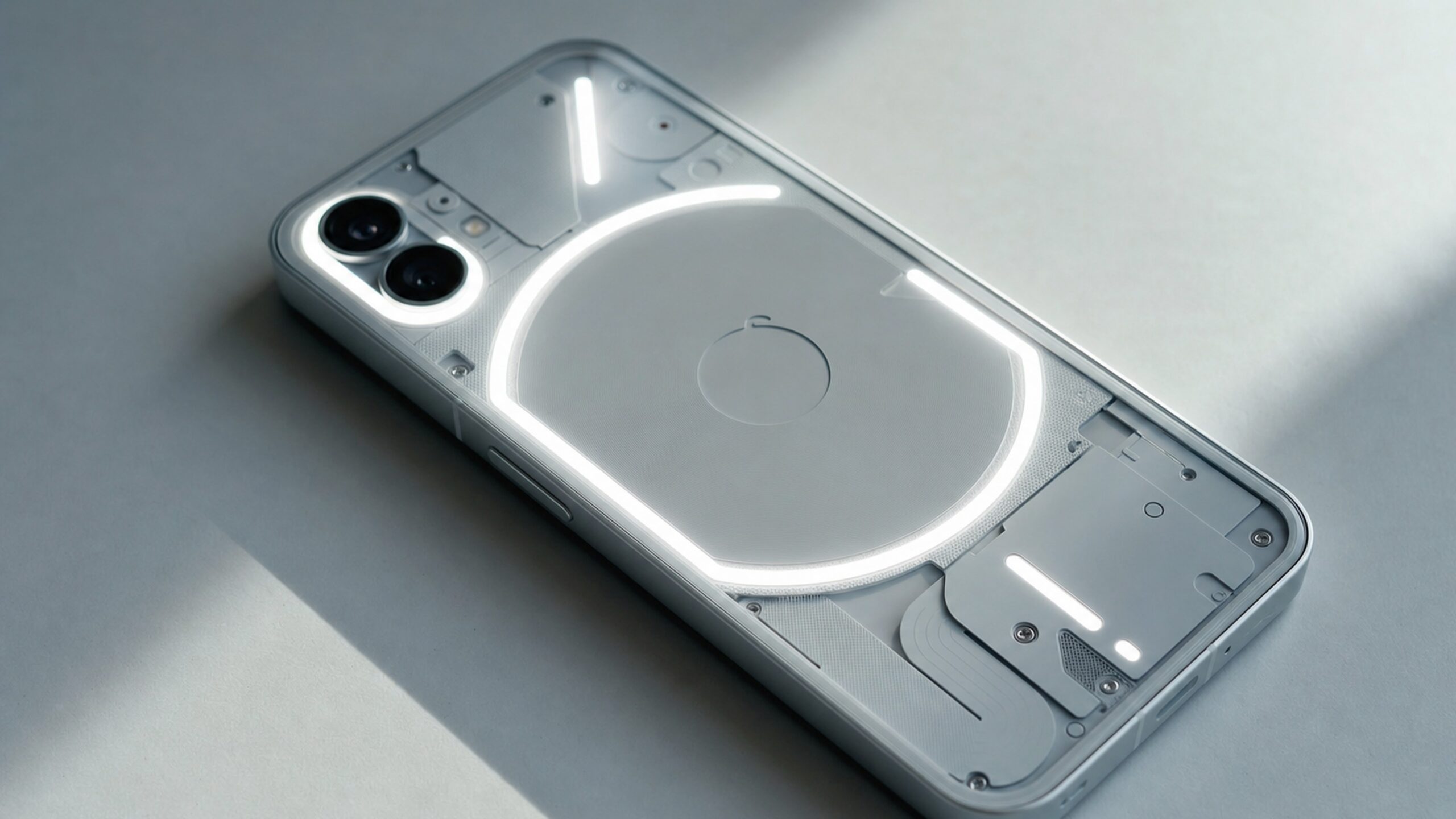 Nothing Phone (1) 透明背蓋與 Glyph 燈效的近拍,呈現最後一次安全性更新的收官氛圍,無文字與標誌遮擋。