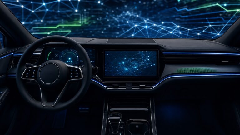 汽車數位座艙與車用晶片特寫,象徵黑莓 QNX 作為實體 AI 底層系統的安全與穩定