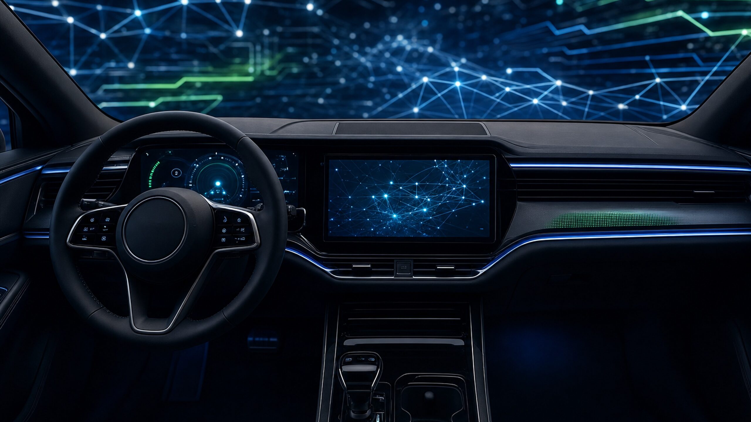 汽車數位座艙與車用晶片特寫,象徵黑莓 QNX 作為實體 AI 底層系統的安全與穩定