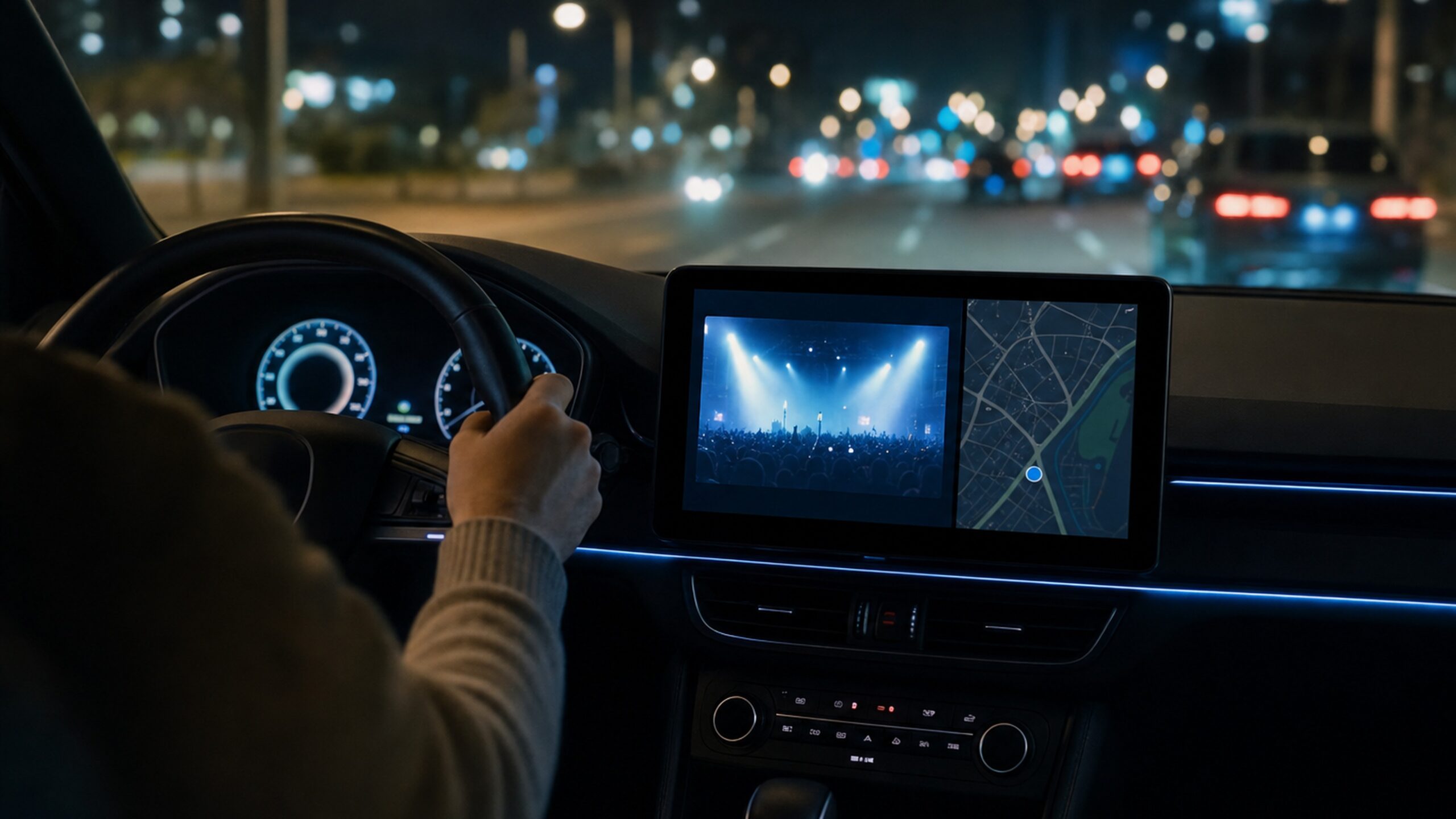 車內中控螢幕顯示 Android Auto 介面,象徵側載應用後的多媒體使用情境與風險拿捏