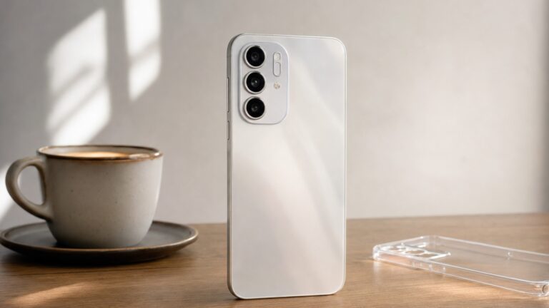 Oppo Reno16 外觀與相機模組特寫，小尺寸機身結合全 50MP 三鏡頭與 80W 快充的中階手機設計