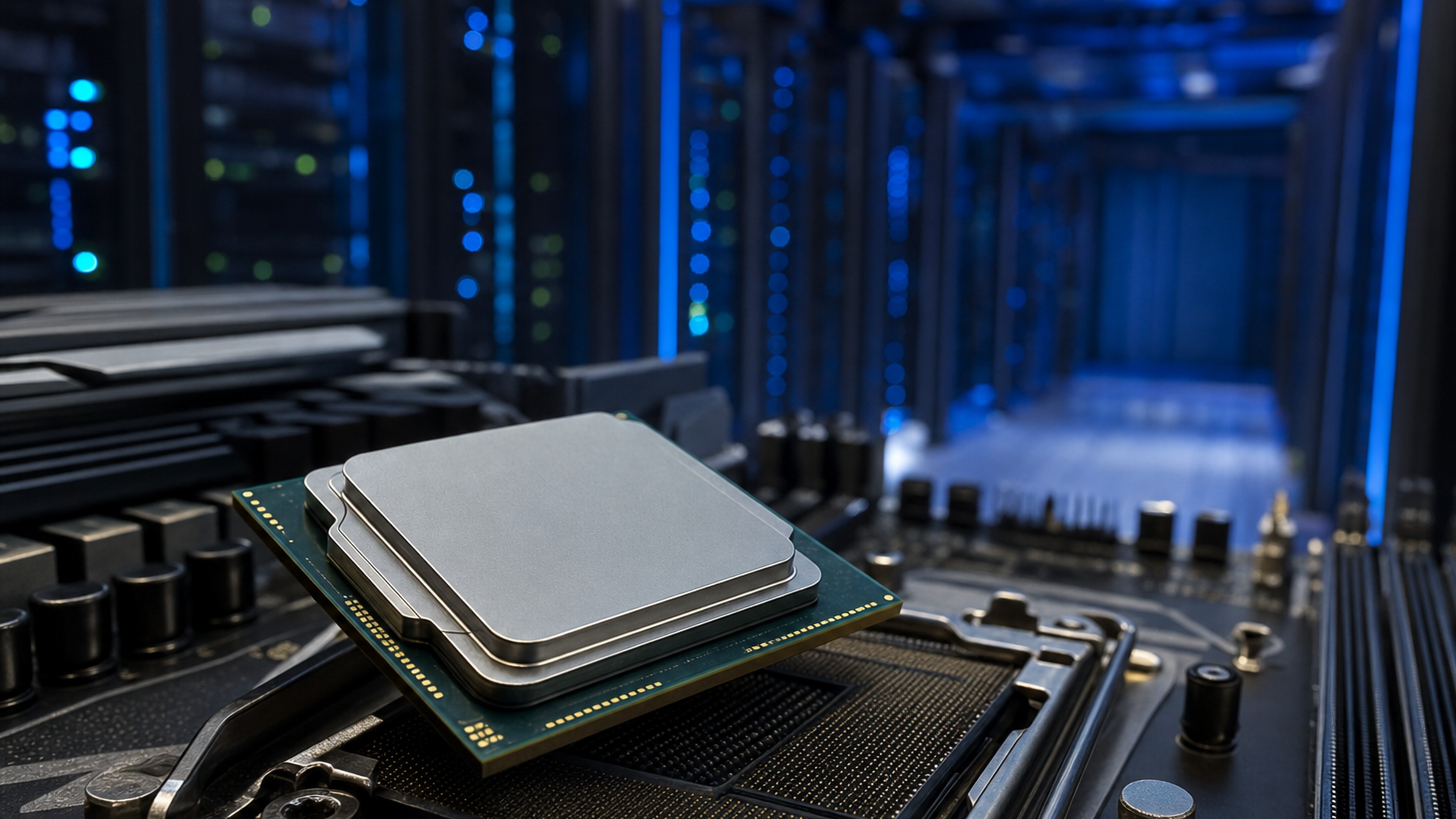 英特爾處理器漲價帶動 PC 與資料中心成本上升的示意場景，含桌機處理器與伺服器機櫃