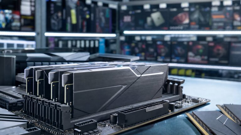 近拍多條 DDR4 與 DDR5 記憶體模組置於零售貨架,呈現價格走揚氛圍、強調近期韓國通路漲勢且無文字遮罩。