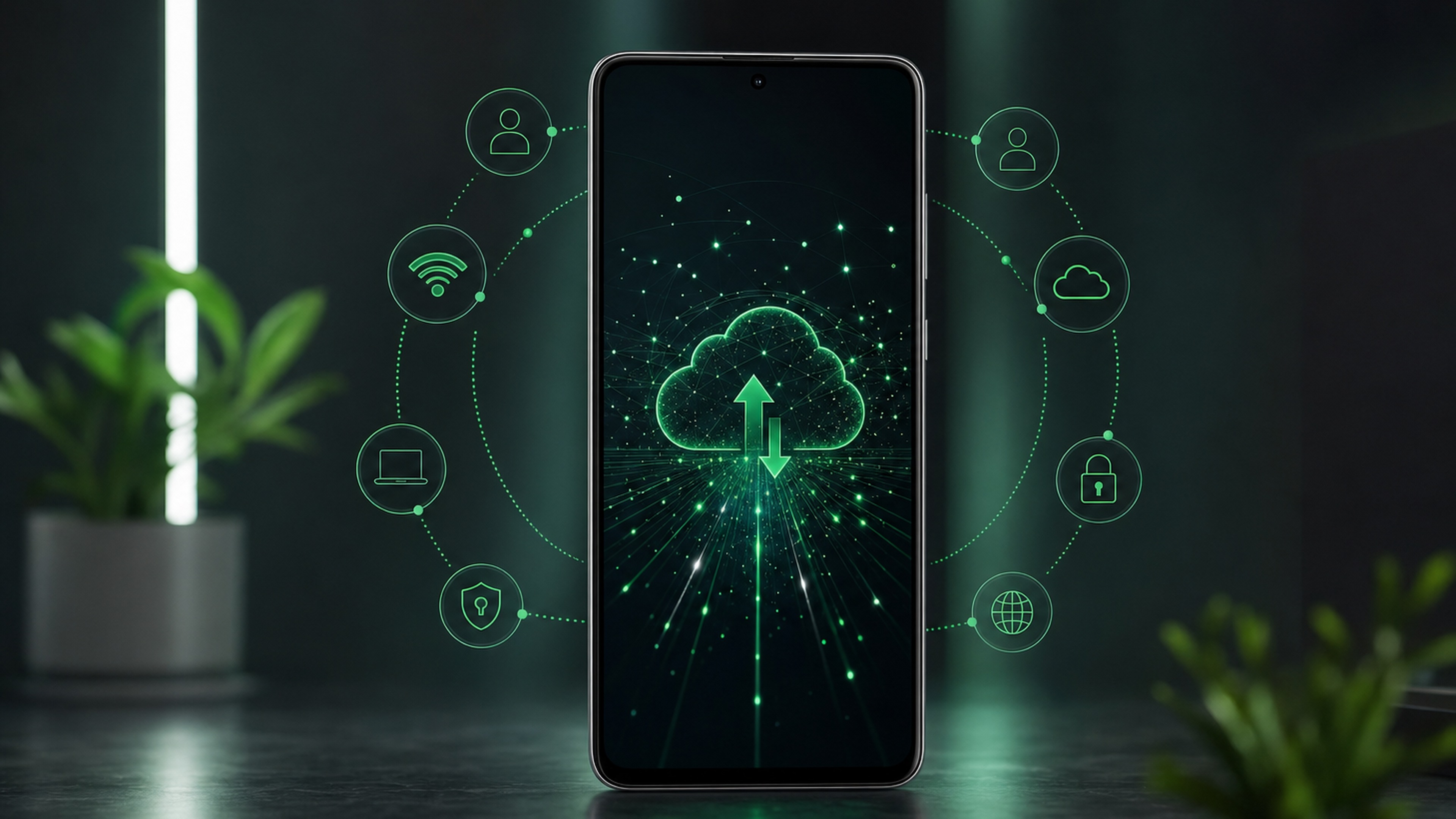 Android 手機與 Google Play 標誌的情境照，強調系統服務與背景連線概念，呈現條款更新帶來的使用者影響與提醒