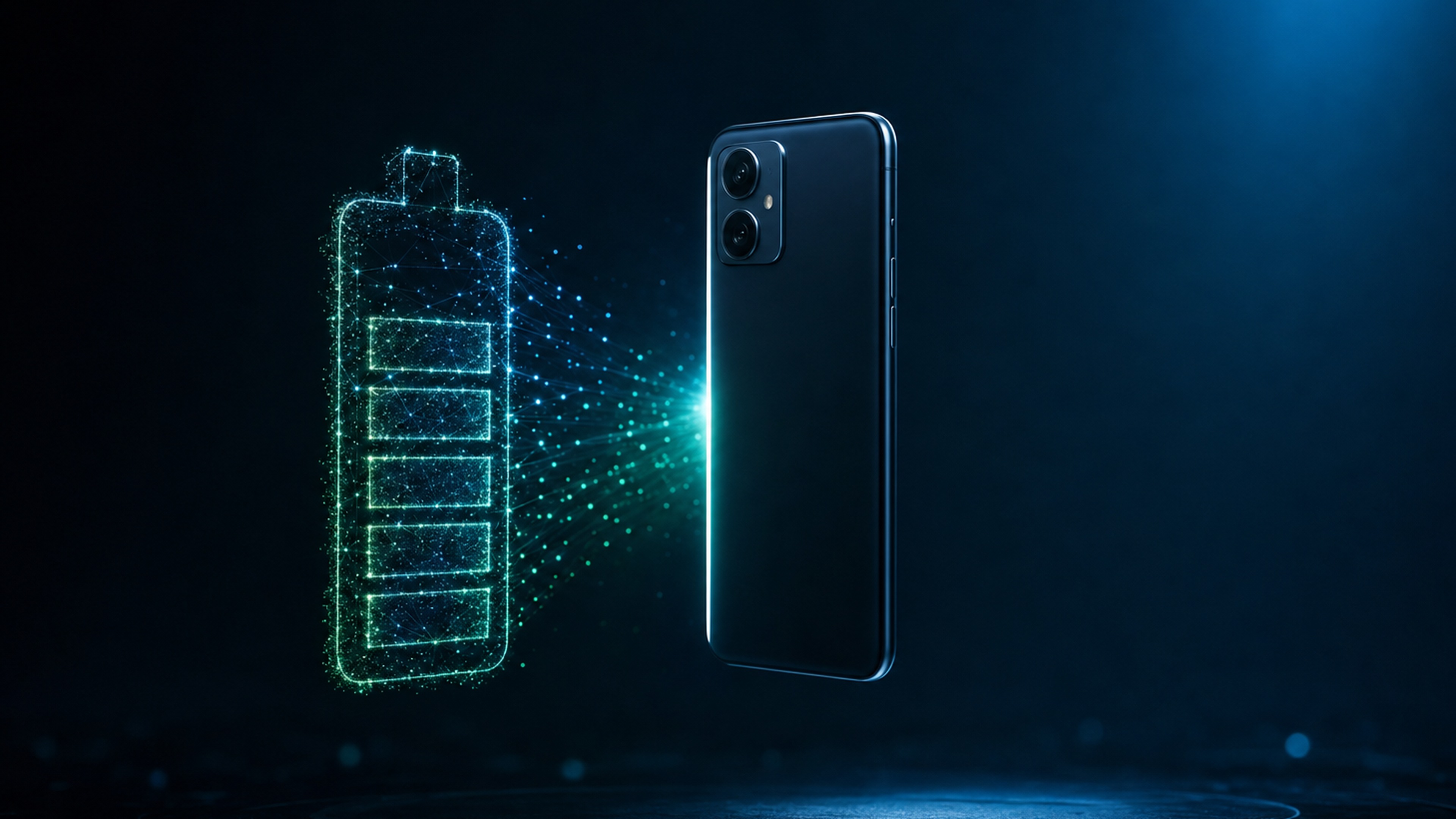 vivo T5 Lite 5G 官方預告配備 6500mAh 電池與 44W 快充的概念示意圖，無文字元素