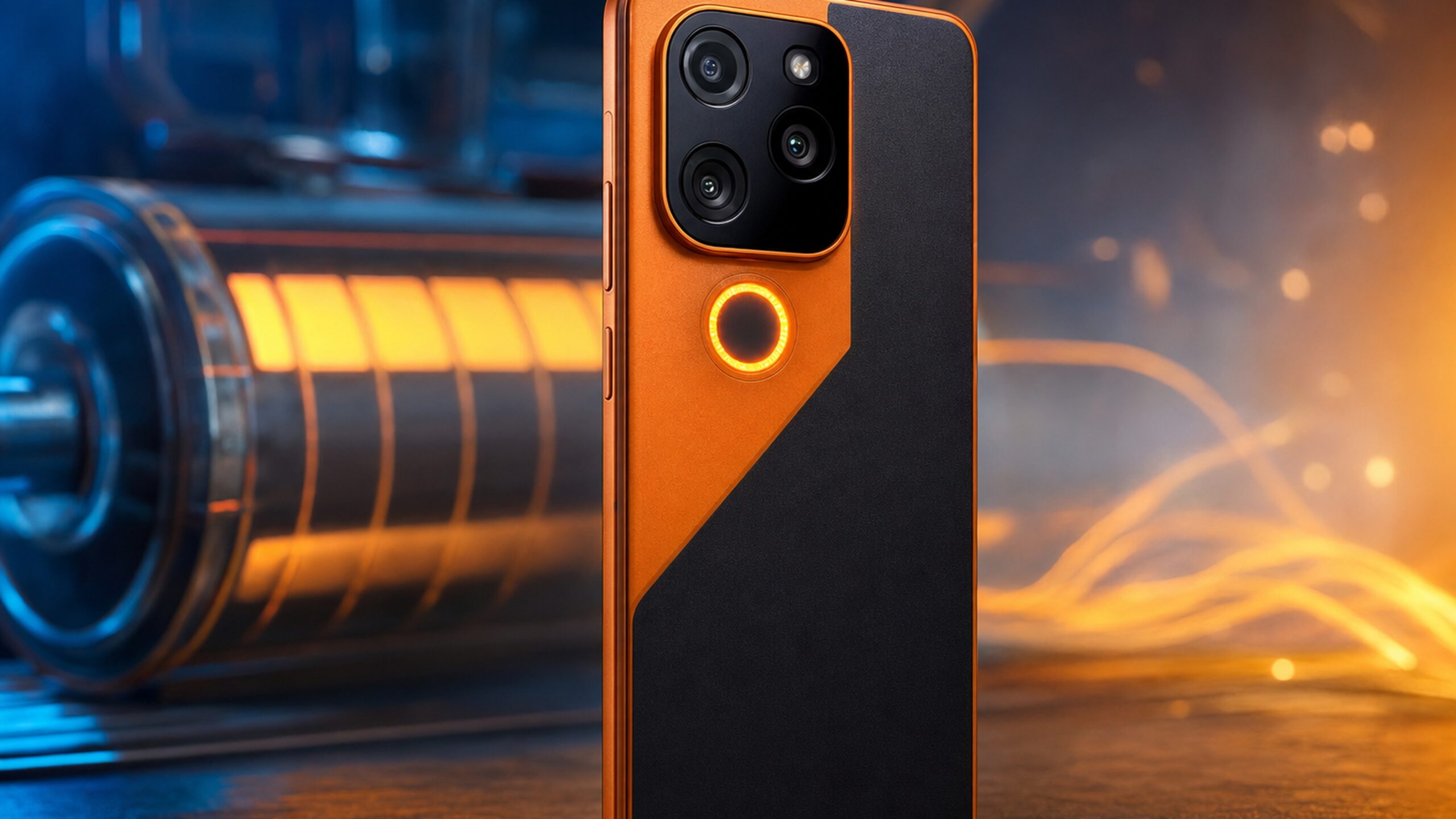 Realme Narzo 100x 主打大電量與 144Hz 螢幕的手機形象,橘色與黑色款式、相機模組與圓形燈效設計,無文字卡。