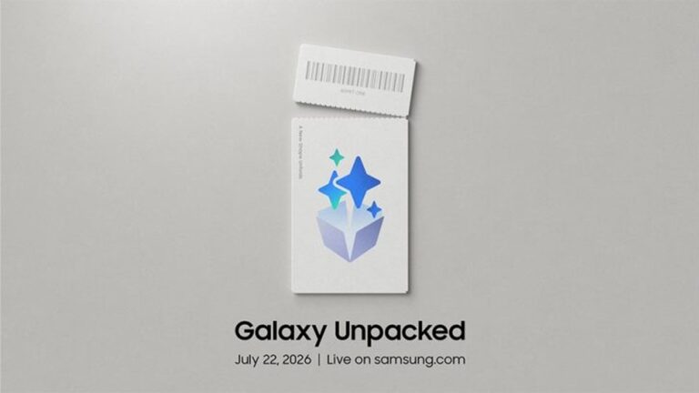 三星 Galaxy Unpacked 2026 邀請函概念視覺，倫敦城市意象與摺疊與 AI 元素，無文字覆蓋、清晰高對比。