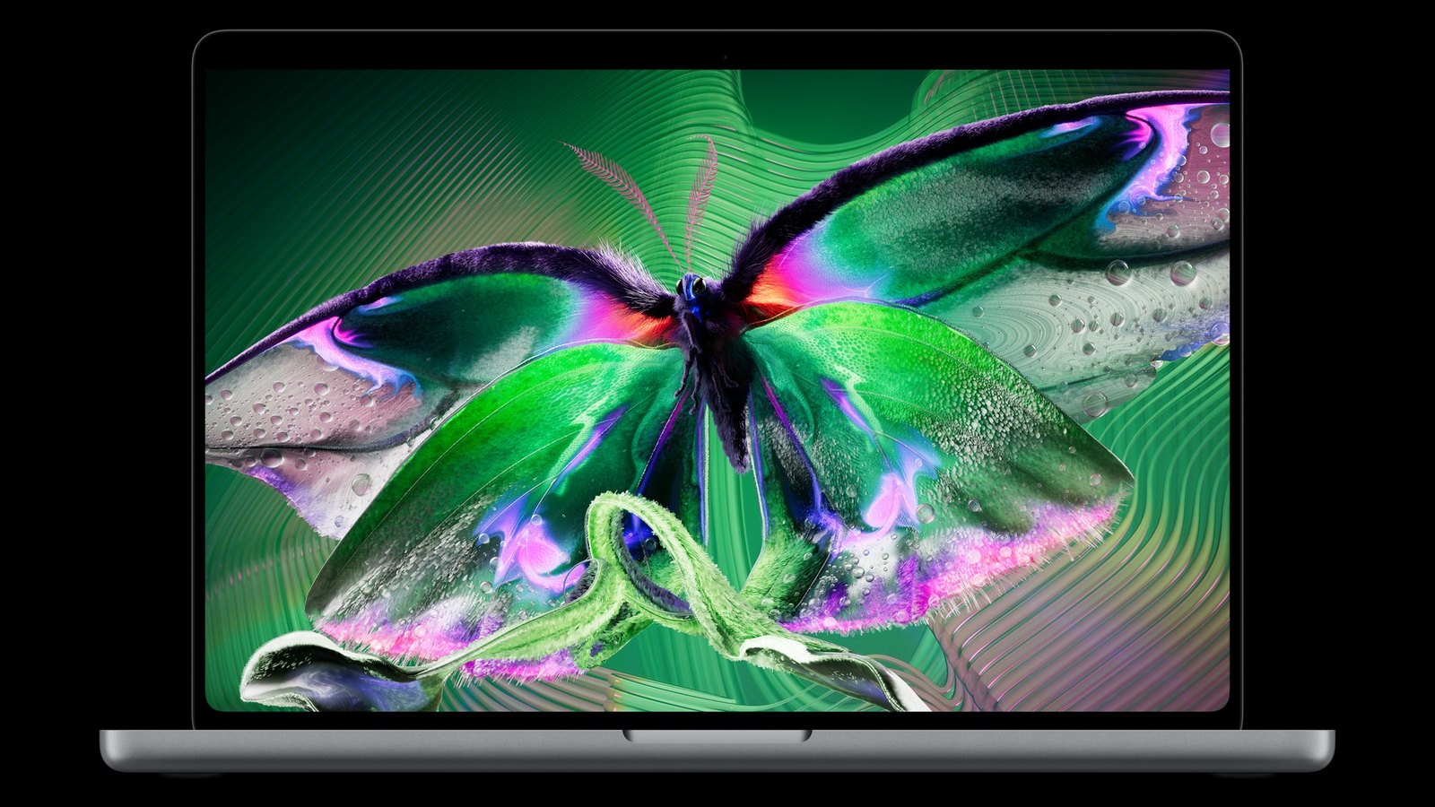 MacBook Pro 正面,PROLED XDR 螢幕顯示色彩鮮豔的蝴蝶圖像