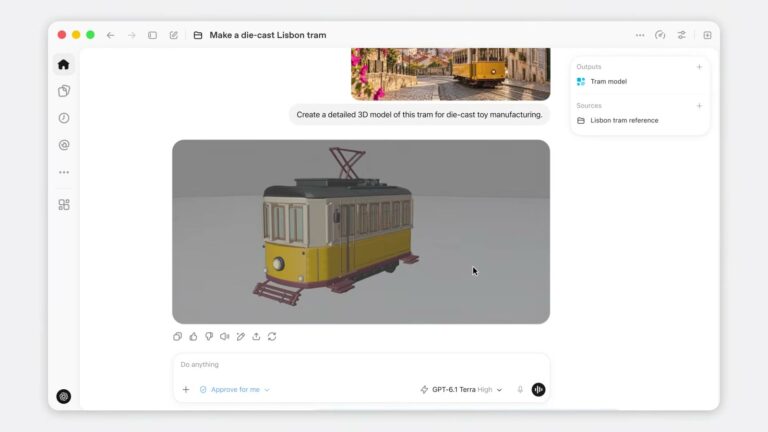OpenAI 官方影片中，ChatGPT 介面選用 GPT-6.1 Terra，依照片做出黃色里斯本電車 3D 模型