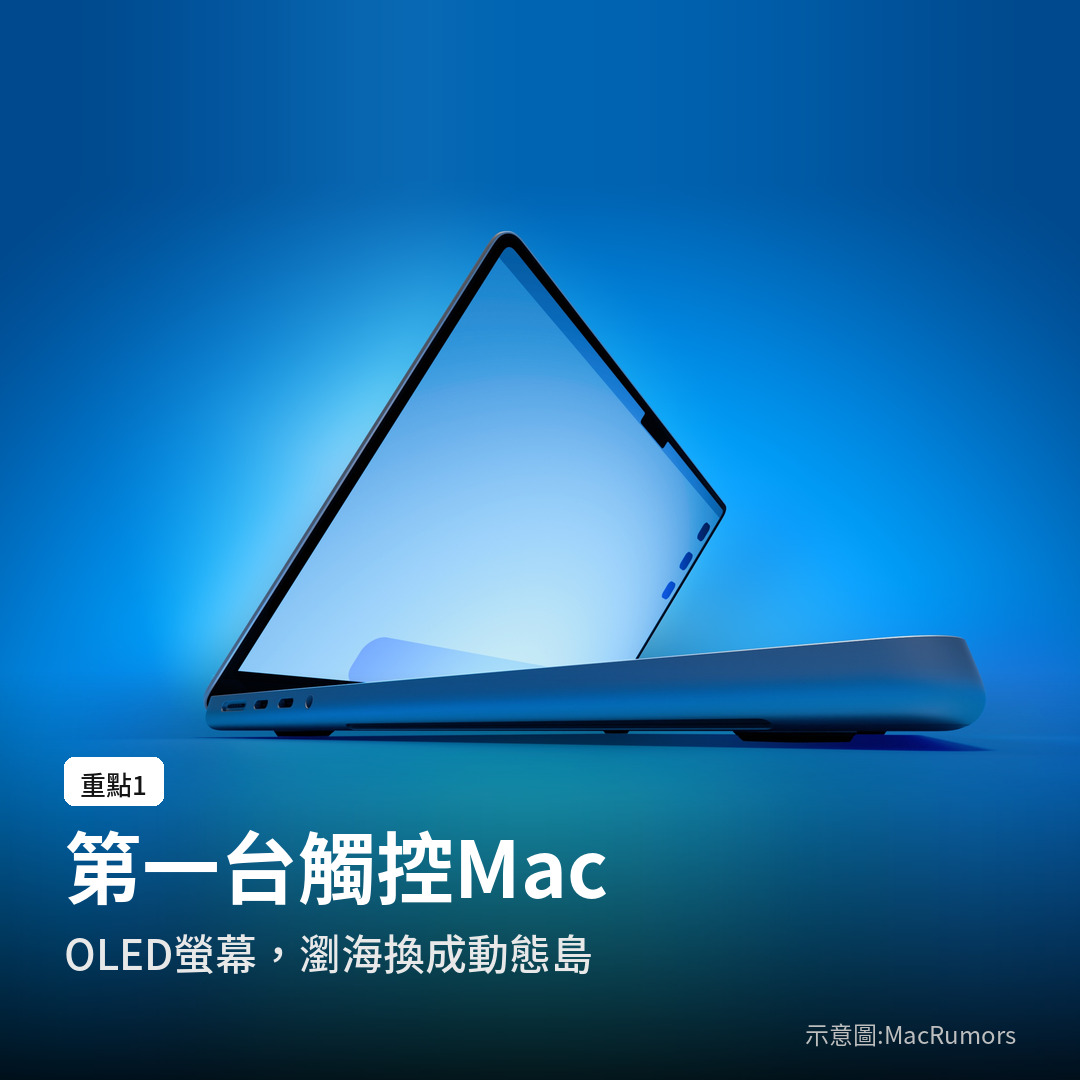 觸控 OLED MacBook Pro 示意圖：OLED 螢幕、瀏海換成動態島（圖：MacRumors）